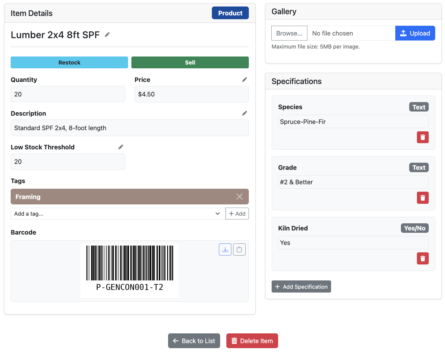 Construction Materials Management Software - Material Details with Photo Gallery