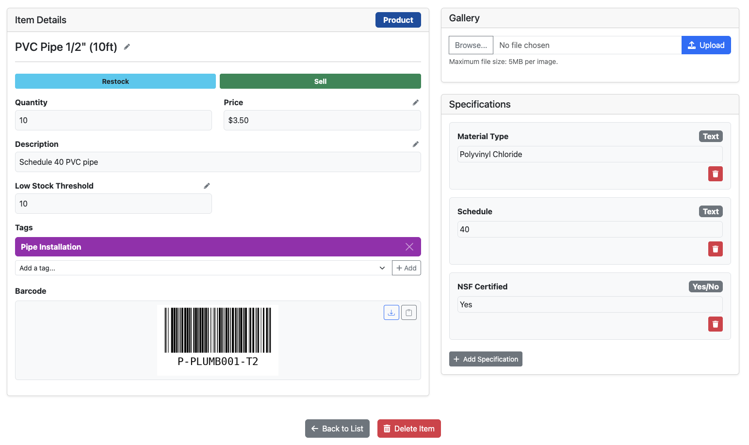 Plumbing Consumables Management Software - Product Details with Photo Gallery